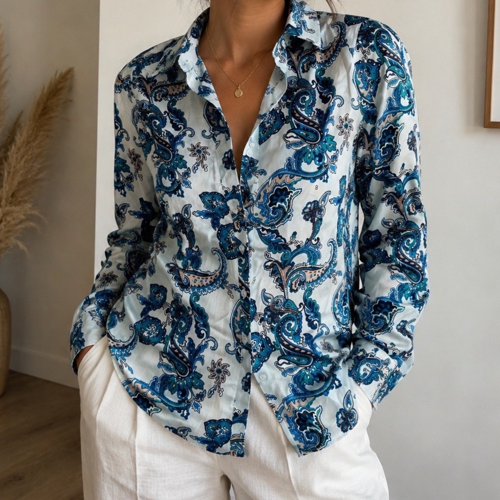 New‎ York & Company Blue Paisley Button Down Stretch Shirt Blouse Boho Office kk